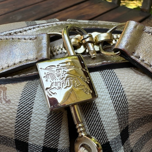 Burberry Haymarket Check Pattern Metallic Handle Thornley Satchel Bowling Bag - Picture 16 of 16